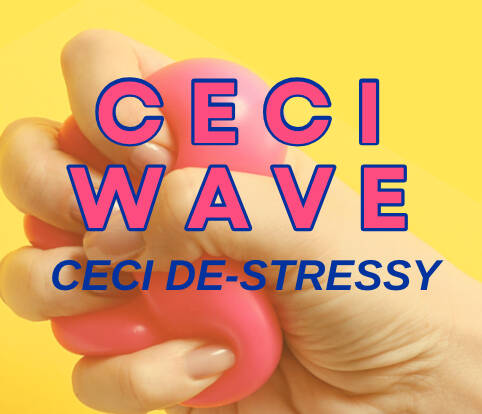 image of a hand squeezing a pink stress ball with the words ceci wave ceci de-stressy written across the image.